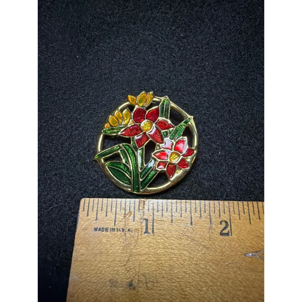Vintage Gold Tone Red and Yellow Enamel Floral Round Brooch‎ Pin 1.25 Inch
